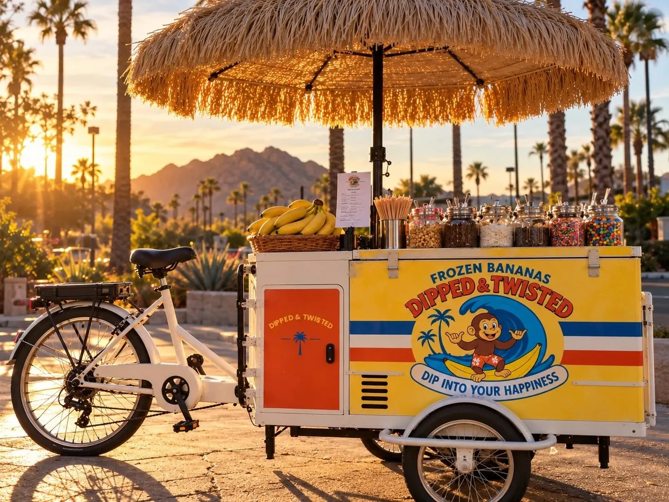 The Dipped and Twisted trike cart under its tiki umbrella at golden hour, topped with bananas and jars of toppings