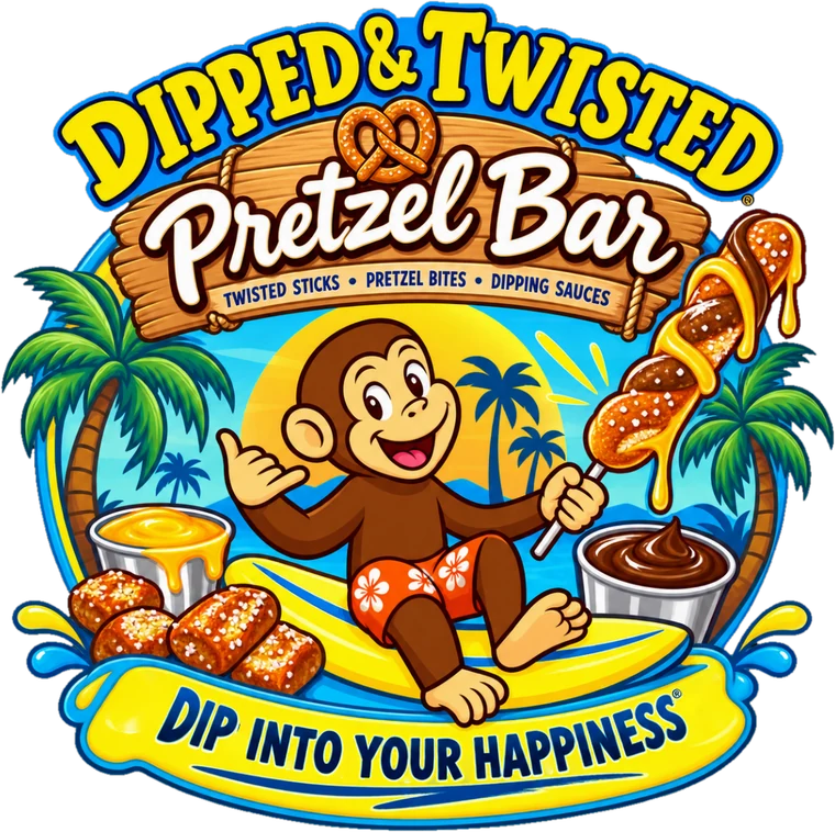The Dipped and Twisted Pretzel Bar logo: the monkey with pretzels and dips