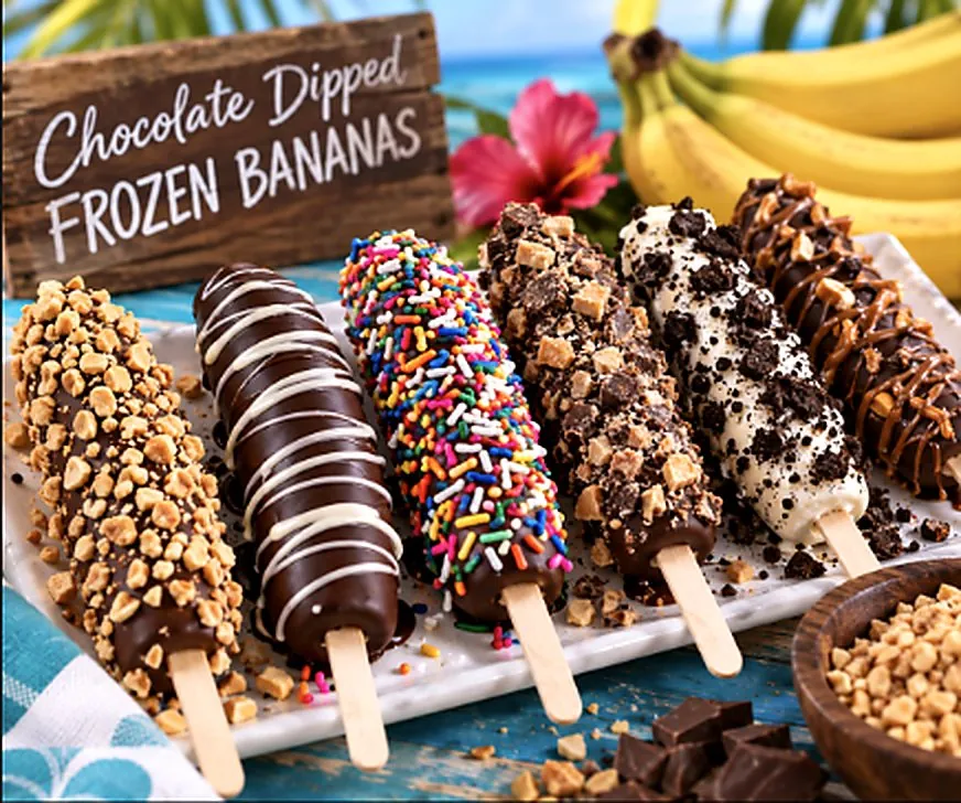 A row of chocolate dipped frozen bananas topped with toffee, drizzle, sprinkles, Oreo crumble and peanuts