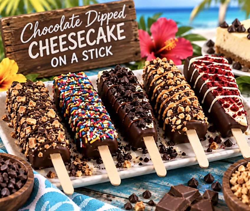 Chocolate dipped cheesecake slices on sticks with assorted toppings