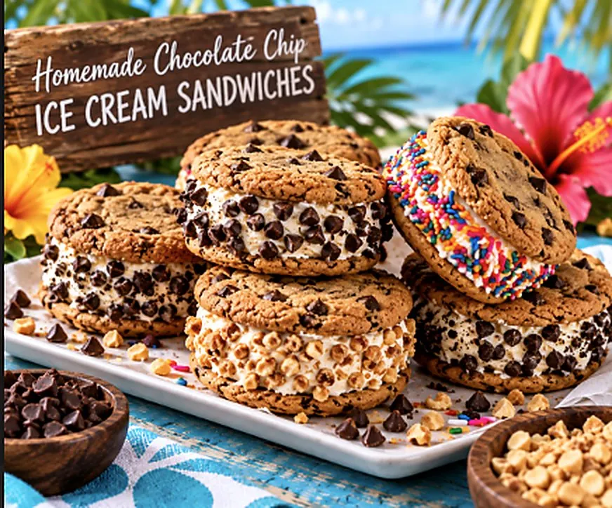 A stack of homemade chocolate chip cookie ice cream sandwiches